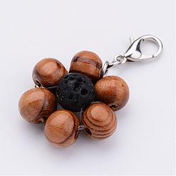 Lava Rock Wood Bead Pendants, Flower, with Natural Lava Rock Beads, Alloy Lobster Clasps, Platinum, 38mm, Hole: 4mm