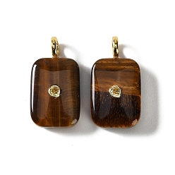 Tiger Eye Natural Tiger Eye Pendants, Rectangle Charms with Brass Micro Pave Cubic Zirconia Findings, Golden, 33.5x19.5x9.5mm, Hole: 3.5mm