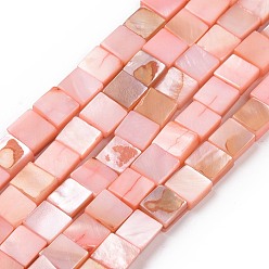 Light Coral Natural Freshwater Shell Beads Strands, Dyed, Square, Light Coral, 6.5x6.5x2.5mm, Hole: 0.8mm, about 60~61pcs/strand, 15.39''(39.1cm)