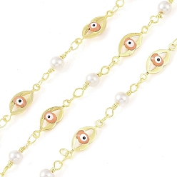 Orange Enamel Lip Link Chains, with Glass Seed Beaded and Rack Plating Real 18K Gold Plated Brass Chain, Soldered, with Spools, Long-Lasting Plated, Cadmium Free & Lead Free, Orange, 16x5.6x3mm