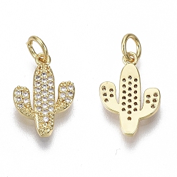 Real 18K Gold Plated Brass Micro Pave Cubic Zirconia Pendants, with Jump Ring, Nickel Free, Cactus, Clear, Real 18K Gold Plated, 16x11x2mm, Hole: 3mm