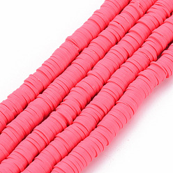 Cerise Handmade Polymer Clay Bead Strands, Heishi Beads, Disc/Flat Round, Cerise, 6x0.5~1mm, Hole: 2mm, about 320~447pcs/strand, 15.74 inch~16.92 inch