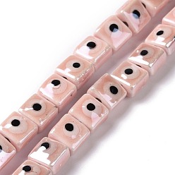 Pink Handmade Porcelain Ceramic Beads Strands, Famille Rose Style, Square with Evil Eye, Pink, 7.5~8x7.5~8x5~5.5mm, Hole: 2mm, about 40pcs/strand, 12.36~12.44 inch(31.4~31.6cm)