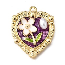 Фиолетовый Подвески из эмали и сплава, с ABS имитации жемчуга, Сердце со цветками , стойки покрытие, долговечный, без свинца, без кадмии и без никеля, золотые, фиолетовые, 27.5x22.5x5.5 мм, отверстие : 1.5 мм