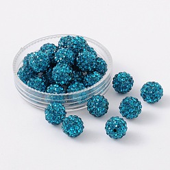Blue Zircon Polymer Clay Rhinestone Beads, Pave Disco Ball Beads, Grade A, Round, Half Drilled, Blue Zircon, 8mm, Hole: 1mm