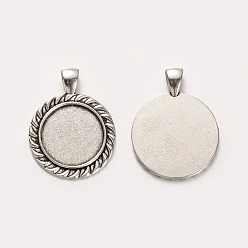 Antique Silver Tibetan Style Alloy Flat Round Pendant Cabochon Settings, Cadmium Free & Lead Free, Antique Silver, Tray: 20mm, 37x28x2mm, Hole: 5x7mm, about 200pcs/kg