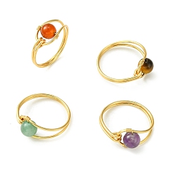 Light Gold 4Pcs 4 Style Natural Mixed Gemstone Round Braided Bead Rings Set, Copper Wire Wrap Rings, Light Gold, Inner Diameter: 18.5~19mm, 1Pc/style