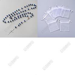 Античный Серебристый & Платиновый 15 шт. подвеска в виде креста Иисуса из цинкового сплава, бусы-колье из синего стекла в форме ронделя для женщин и мужчин, с 15шт. белыми мешочками из органзы на завязках, старинное серебро и платина, колье: 30.31 дюйм (77 см)