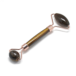 Tiger Eye Natural Tiger Eye Massage Tools, Facial Rollers, with Brass Findings, Rose Gold, 13.5~15.3x4~6x2~2.05cm