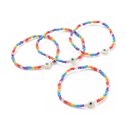 Mixed Color Baking Paint Glass Seed Beads Stretch Bracelets, with Glass Beads and Freshwater Shell Beads, Evil Eye, Mixed Color, 2-3/8 inch(5.9cm)