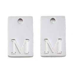 Letter M 304 Stainless Steel Pendants, Rectangle with Letter Charms, Stainless Steel Color, Letter M, 16x10x1.4mm, Hole: 1.8mm