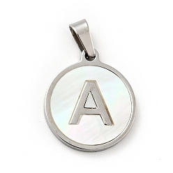 Letter A 304 Stainless Steel with White Shell Pendants, Stainless Steel Color, Flat Round with Letter Charm, Letter.A, 18x16x1.5mm, Hole: 3x6mm