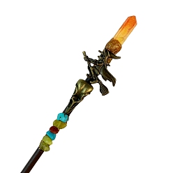Orange Wood Hair Stick, with Alloy Findings and Natural Dyed Quartz, Hair Accessories, Orange, 180mm