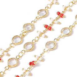 Red Handmade Eco-friendly Brass Flat Round Link Chains, with Glass & Seed Beaded, Real 18K Gold Plated, Lead Free & Cadmium Free, Soldered, with Spool, Red, 13x6.5x3mm, 6x7x2mm