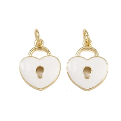 Белый Латунь эмаль подвески, замок в форме сердца, реальный 18 k позолоченный, стойки покрытие, долговечный, без кадмия и без свинца, с целью перехода в кольце, белые, 15.5x12x2.5 мм, отверстие : 3 мм