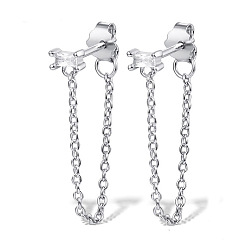 Clear Rhodium Plated Platinum 925 Sterling Silver Chains Front Back Stud Earrings, with Rectangle Cubic Zirconia, Clear, 48x4mm