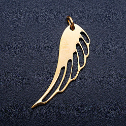 Golden 201 Stainless Steel Pendants, with Unsoldered Jump Rings, Wing, Golden, 31x11x1mm, Hole: 3mm, Jump Ring: 5x0.8mm