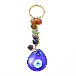 Golden Natural Mixed Stone with Evil Eye Lampwork Keychain, with 304 Stainless Steel Split Key Rings, Teardrop, Golden, 11.8cm
