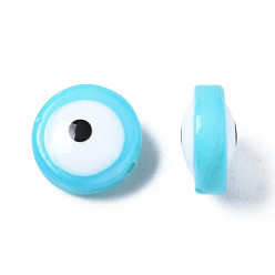 Sky Blue Natural Freshwater Shell Beads, with Enamel, Dyed, Flat Round with Evil Eye, Sky Blue, 8x3~4mm, Hole: 0.8mm