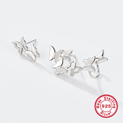 Platinum Butterfly Rhodium Plated 925 Sterling Silver Stud Earrings with Ear Cuff, Asymmetrical Earrings, with 925 Stamp, Platinum, 16~35x12~16mm