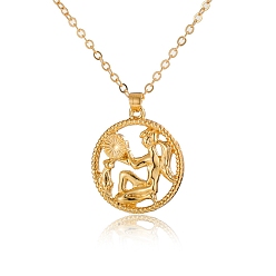 Aquarius Alloy Flat Round with Constellation Pendant Necklaces, Cable Chain Necklace for Women, Aquarius, Pendant: 2.2cm