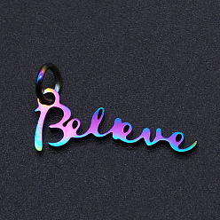 Rainbow Color Ion Plating(IP) 201 Stainless Steel Pendants, Inspirational Message Pendants, with Jump Rings, Word Believe, Rainbow Color, 8x20x1mm, Hole: 3mm
