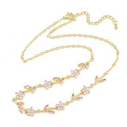 Lilac Brass Pave Cubic Zirconia Flower Link Chain Necklaces, Cadmium Free & Lead Free, Rack Plating, Long-Lasting Plated, Real 18K Gold Plated, Lilac, 17.28 inch(43.9cm)