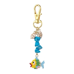 Colorful MIYUKI Delica Pendant Decorations, with Synthetic Turquoise Chip Beads and Natural Shell Charms, Fish, Colorful, 82mm, Pendnats: 54x19x6.5mm