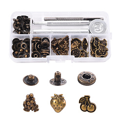 Antique Bronze 18 Sets Cherry & Grape & Strawberry Brass Leather Snap Buttons Fastener Kits, Including 1 Set 45# Steel Hole Punch Tool, 1Pc 45# Steel Round Base, Antique Bronze, Buttons: 18sets
