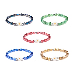 Mixed Color 5Pcs 5 Color Natural Shell Flower & Glass Teardrop Beaded Stretch Bracelets Set for Women, Mixed Color, Inner Diameter: 2-1/2 inch(6.5cm)