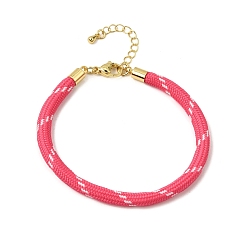 Hot Pink Braided Round Polyester Cord Bracelet Makings, with Brass Findings and 202 Stainless Steel Lobster Claw Clasps, Golden, Hot Pink, 7.28 inch(18.5cm)
