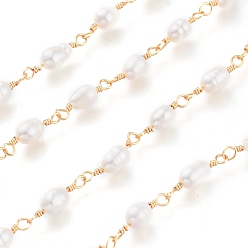 Golden Freshwater Pearl Beaded Chains, with Brass Findings & Spool, Unwelded, Long-Lasting Plated, Golden, Pearl: 6~9x5~7mm, about 32.8 Feet(10m)/roll