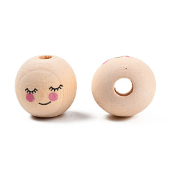 Blanched Almond Maple Wood European Beads, Printed, Large Hole Beads, Undyed, Round with Shy Expression, Blanched Almond, 17~18mm, Hole: 5mm, about 280pcs/500g