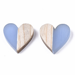 Cornflower Blue Resin & Wood Two Tone Cabochons, Heart, Cornflower Blue, 15x14.5x3mm