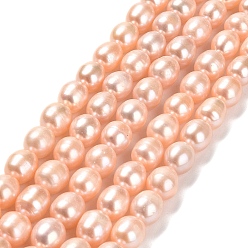 Light Salmon Natural Cultured Freshwater Pearl Beads Strands, Rice, Grade 3A, Light Salmon, 8~9x7~7.5mm, Hole: 0.6mm, about 43~44pcs/strand, 15.35 inch(39cm)