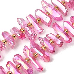 Бледно-Розовый Гальванические природный кристалл кварца бусы пряди, граненые, палочка для наггетсов, с бисером, розовый жемчуг, 11~25x3~9x4~10 мм, отверстие : 1~1.2 мм, около 19~26 шт / нитка, 7.09~7.48'' (18~19 см)