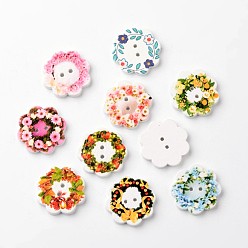 Mixed Color Flower 2-Hole Wooden Buttons, Mixed Color, 19x3mm, Hole: 1mm
