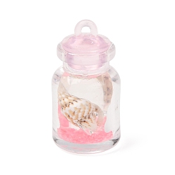 Pink Transparent Resin & Natural Shell Pendants, Wishing Bottle with Conch Charms, Pink, 29x15mm, Hole: 1.8mm