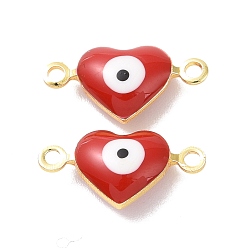 Red Brass Enamel Connector Charms, Real 18K Gold Plated, Heart with Evil Eye Pattern, Red, 7x14x3.5mm, Hole: 1.2mm
