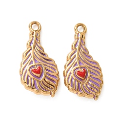 Лиловый 304 нержавеющей стальной эмали подвески, прелести из перьев, ионное покрытие (ip), реальный 18 k позолоченный, сирень, 19x9x4 мм, отверстие : 1.4 мм