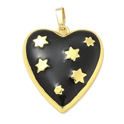 Черный Подвески из латуни с эмалью в стойку, долговечный, без свинца и без кадмия, сердце со звездными подвесками, реальный 18 k позолоченный, чёрные, 27x24x5.5 мм, отверстие : 3.5x5 мм