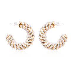 white Colorful Beaded C-shaped Earrings with Hand-woven Wrapping and Retro Charm