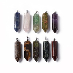 Mixed Stone Natural & Synthetic Gemstone Double Terminated Pointed Pendants, with Platinum Tone Brass Findings, Bullet, 39x10x10mm, Hole: 3x6mm