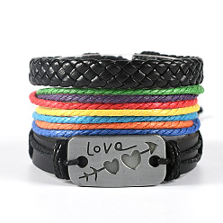 Colorful Leather Braided Bead Bracelets, Wax Cord Multi-Strand Bracelets, with Alloy Word Love Charms, Colorful, Inner Diameter: 2-3/8 inch(6cm), 3pcs/set