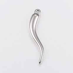 Stainless Steel Color 304 Stainless Steel Pendants, Horn of Plenty/Italian Horn Cornicello Charms, Stainless Steel Color, 36x8.5x5mm, Hole: 2mm