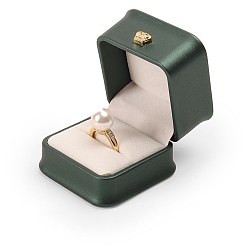 Dark Slate Gray Crown Square PU Leather Ring Jewelry Box, Finger Ring Storage Gift Case, with Velvet Inside, for Wedding, Engagement, Dark Slate Gray, 5.8x5.8x4.8cm