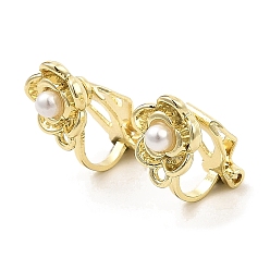 Golden Alloy Clip-on Earring Findings, with Horizontal Loops & Imitation Pearl, for Non-pierced Ears, Flower, Golden, 17x8.5x13.5mm, Hole: 1mm