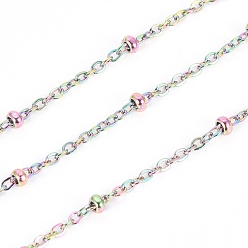 Rainbow Color Ion Plating(IP) 304 Stainless Steel Cable Chains, Satellite Chains, with Spool and Beads, Soldered, Rainbow Color, 1.6x1x0.3mm, 2x1mm, about 32.8 Feet(10m)/roll