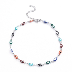 Stainless Steel Color 304 Stainless Steel Anklets, with Enamel and Lobster Claw Clasps, Evil Eye, Colorful, Stainless Steel Color, 9-7/8 inch(25cm)