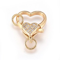 Real 18K Gold Plated Brass Micro Pave Cubic Zirconia Lobster Claw Clasps, Heart, Clear, Real 18K Gold Plated, 15x12.5x4.5mm, Hole: 3mm, Ring: 5x0.9mm